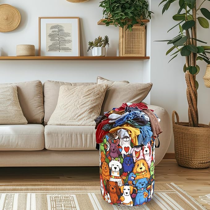 Colorful Dogs Pattern Laundry Hamper Foldable Oxford Cloth Funny Animal Dog Laundry Basket With Handle Portable Clothes Storage Basket Laundry Bag 18.9"x16.5" For Laundry Room/Bedroom/Bathrooms