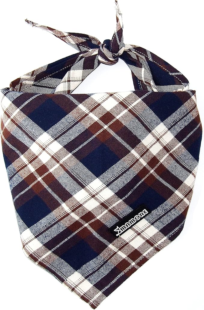Adjustable Plaid Dog Bandanas,1PC Soft Washable Cotton Triangle Bib Kerchief Scarfs for Small Medium Large Dogs and Cats (Brown&Blue, Small)