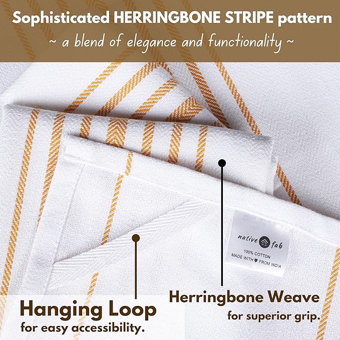 Native Fab Kitchen Dish Towels 16x26 inches Set of 12 Herringbone Weave - Scandia Striped 100% Cotton Dish Cloths for Washing Dishes, Absorbent Hand Towels with Hanger - Yellow White