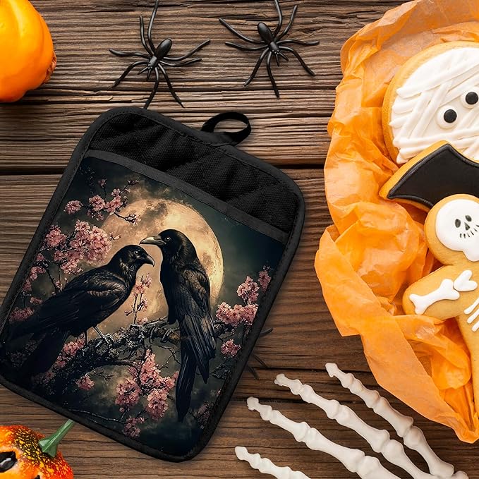 Moody Moonlit Gothic Raven Pot Holders with Pockets, Dark Academia Halloween Crow Cherry Blossom Oven Pot Holders Heat Resistant Oven Mitts Hot Pads for Kitchen Baking Cooking