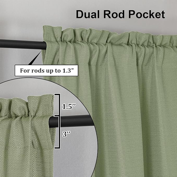 Lecloud Bessie Light Green Kitchen Curtains 36 Inch Length 2 Panels Set, Faux Linen Textured Curtain Tiers, Light-Filtering Window Short Curtains for Basement Dining Room, Each 30 W x 36 L
