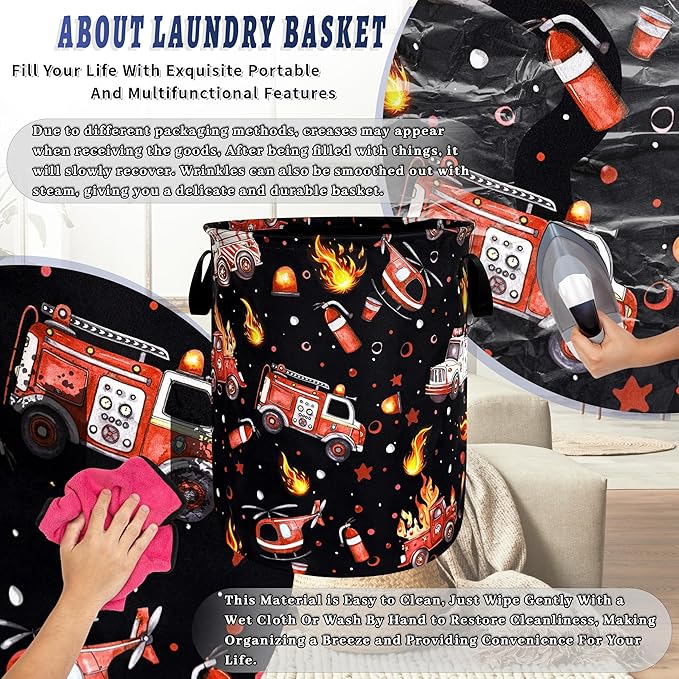 Fire Truck Fireman Laundry Basket Oxford Cloth Firefighters Funny Laundry Hamper With Handle Portable Clothes Storage Basket Foldable Laundry Bag 18.9"x16.5"For Laundry Room/Bedroom/Bathrooms