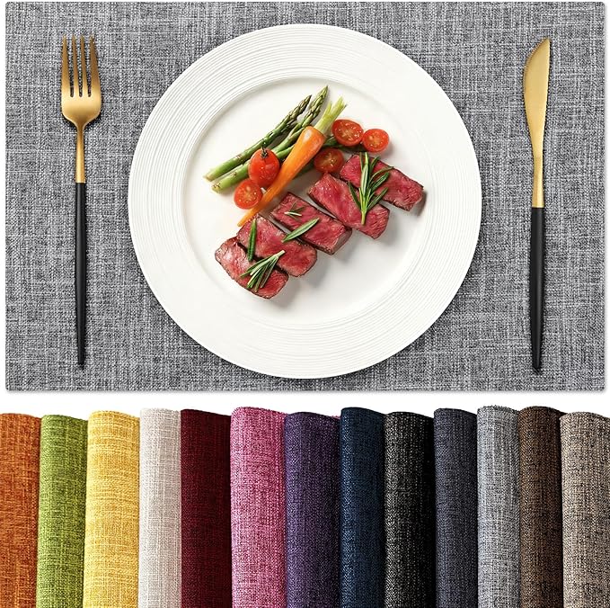 KXN Placemats Set of 4, Dual-Layer Thickened Faux Linen Table Mats, Heat Resistant & Wrinkle-Free, Machine Washable Cloth Place Mats for Kitchen Dining Indoor Outdoor (Light Gray)