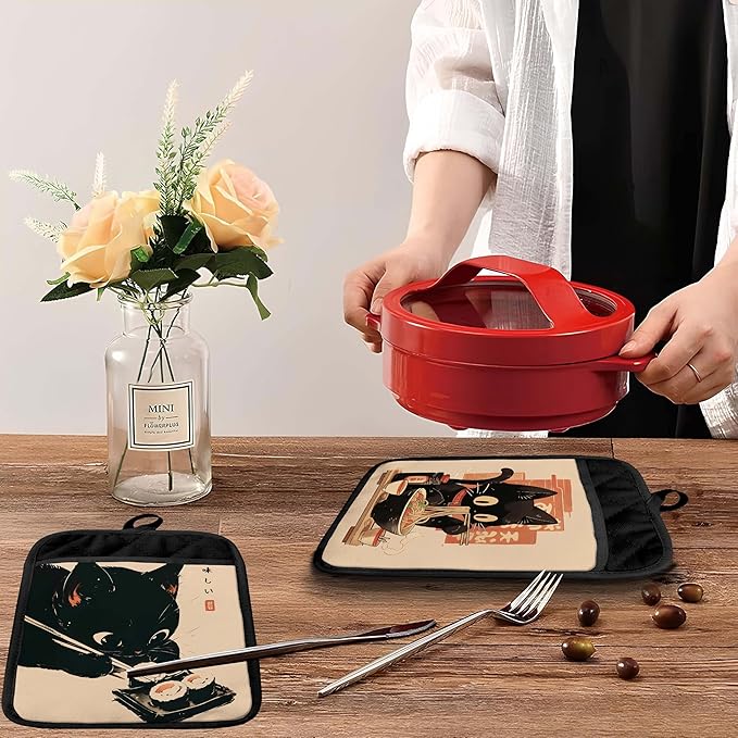 Japanese Sushi Ramen Black Cat Pot Holders with Pockets, Cat Kitchen Decor, Vintage Japanese Kitten Oven Pot Holders Heat Resistant Oven Mitts Hot Pads for Kitchen Baking Cooking, Set of 2