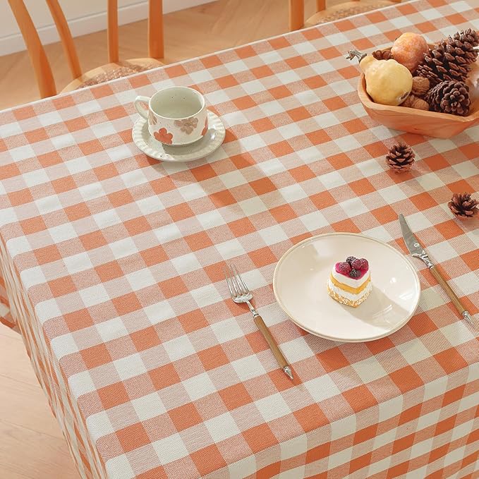 Alsoo Checkered Tablecloth Rectangle Gingham Table Cloth Washable Cotton Linen Fall Thanksgiving Buffalo Plaid Table Cover for Picnic Kitchen Dining Room, Orange and White, 60 * 120 inch