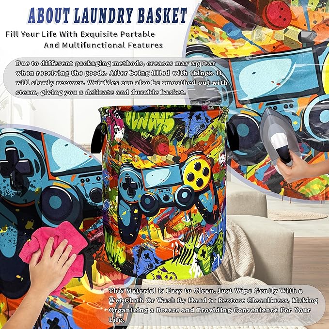 Game Laundry Basket Oxford Cloth Gamepad Funny Laundry Hamper With Handle Portable Clothes Storage Basket Foldable Laundry Bag 18.9"x16.5" For Laundry Room/Bedroom/Bathrooms