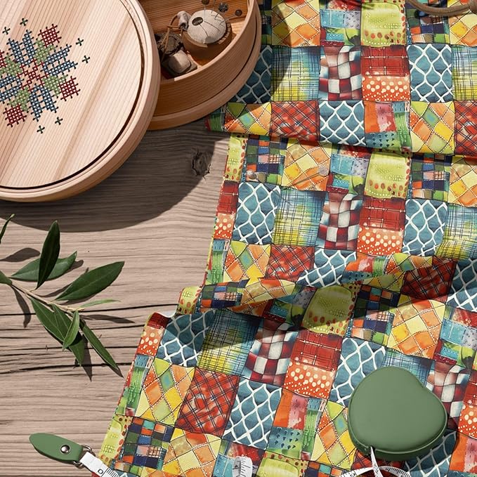 Modern Geometry Patchwork Cotton Fabric – Premium Turkish Printed Cotton 140 GSM, Panel 61 x 36.6 Inches, Pre-Cut Quilting & Sewing Fabric Panel for Crafts, Home Decor & DIY Projects (USA Size)