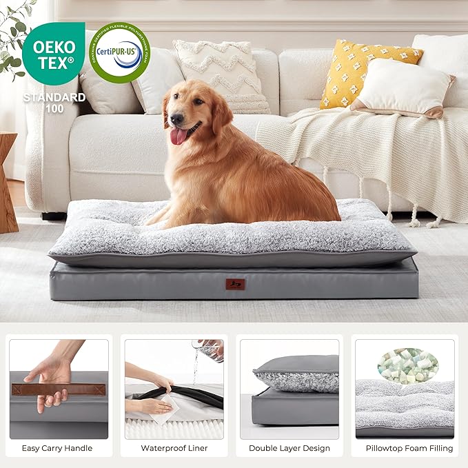 Warmrest 2-Pack XL Waterproof Dog Bed Large Size Dogs, Plush Cushion & Orthopedic Egg-Crate Foam Mattress for Senior Dogs, Washable Dog Crate Bed with Removable Cover, Dark Grey