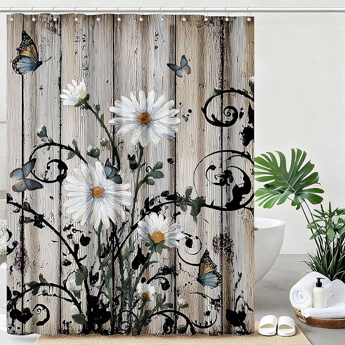 mutakin Rustic Grey Floral Shower Curtain Butterfly Flowers Shower Curtains for Bathroom Waterproof Fabric Bath Curtain Decor with Hooks