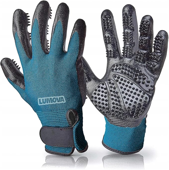 Lumova Pet Grooming Glove – Patented Rubber-Massage Shedding Bath & Hair Remover for Dogs, Cats & Livestock – Lightweight, Flexible, Secure Fit (Cyan&Black)
