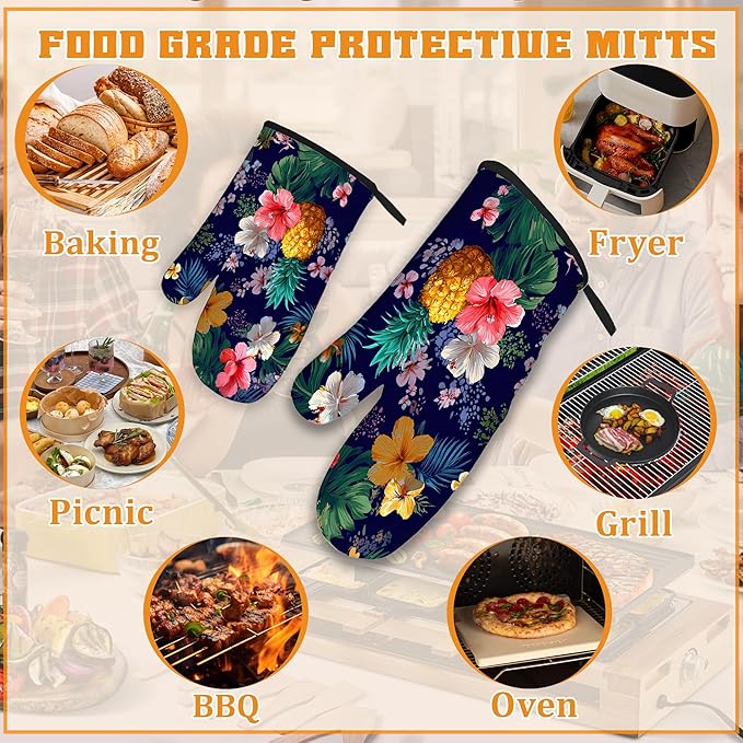Palm Leaf Tropical Oven Mitts and Pot Holders,Pineapple Hibiscus Heat Resistant Oven Mitts Gloves and Pot Holder for Home Kitchen Decorations Cooking Baking BBQ Gifts,Set of 4
