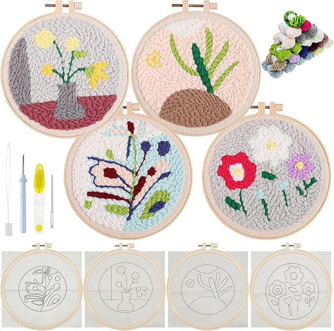 Allazone 4 Set Punch Needle Kits, 15 cm Embroidery Starter Kits, Punch Needle Tool Threader Fabric Embroidery Hoop, Yarn and Home Decor