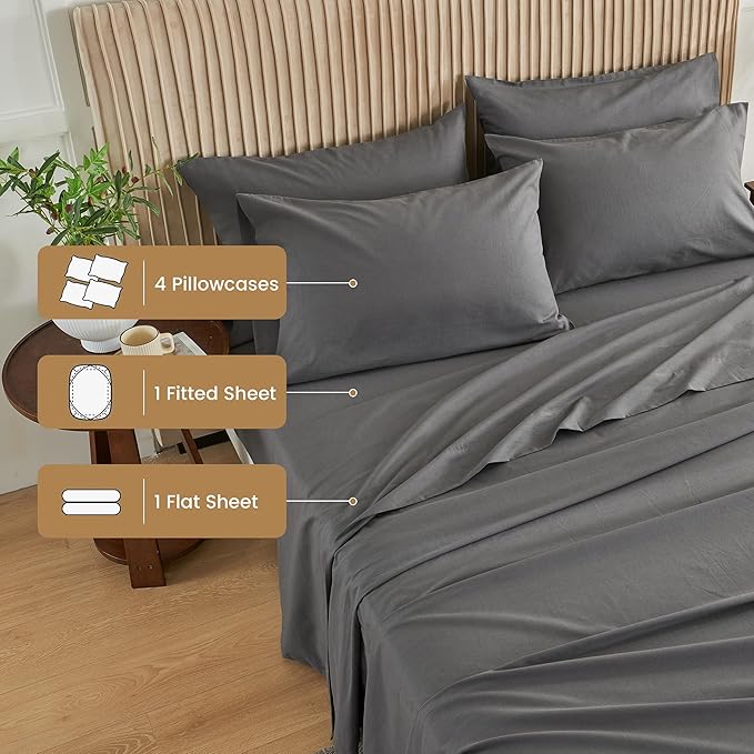 Simple&Opulence Belgian Linen Sheet Set Solid Color - 6 Pieces (1 Flat Sheet & 1 Fitted Sheet & 4 Pillowcases) 16" Deep Pocket Natural Flax Cotton Blended Soft Bedding - Dark Grey, King Size