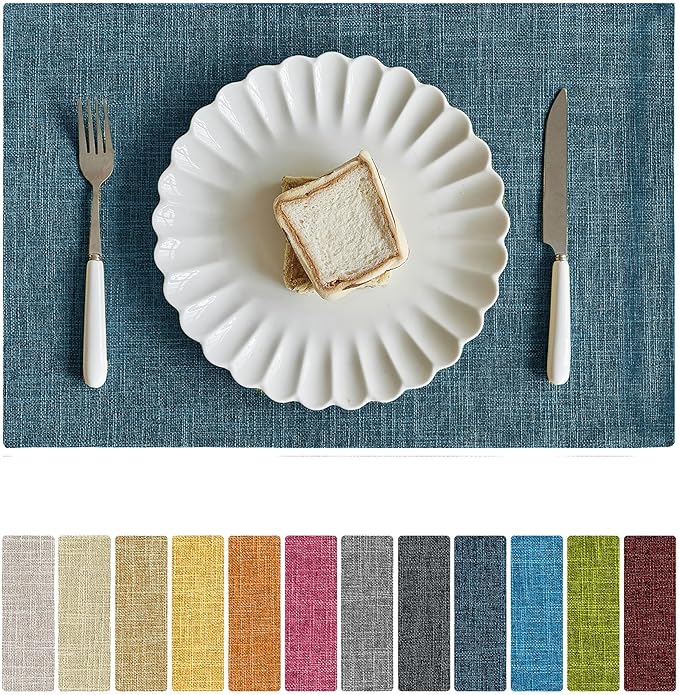 Softalker Faux Linen Placemats Set of 8-12 x 18 Inch, Heat Resistant Double Layered Durable Burlap Farmhouse Place Mats, Non-Slip Washable Rustic Table Mats for Dining, Kitchen, Party（Teal