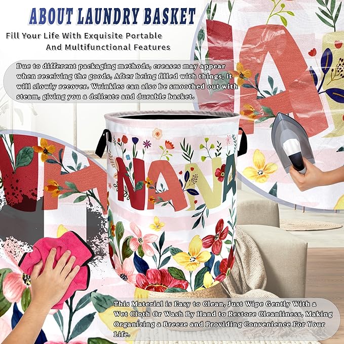 Cute Floral Flowers Laundry Hamper Foldable Oxford Cloth Colorful NANA Laundry Basket With Handle Portable Clothes Storage Basket Funny Laundry Bag 18.9"x16.5" For Laundry Room/Bedroom/Bathrooms