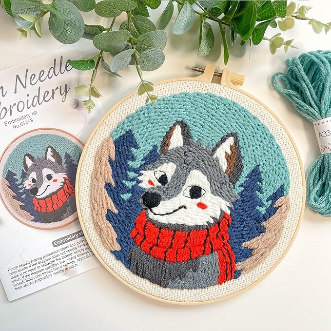 Myfelicity Punch Needle kit, a Beginner Set with Wolf Pattern Design, Suitable for Beginners and Adults with 7.9-inch Hoop