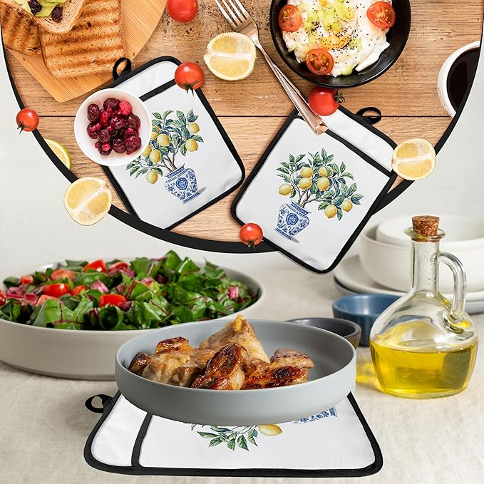 Blue and White Floral Lemon Pot Holders with Pockets, Lemon Gifts Pot Holders Heat Resistant Oven Mitts Hot Pads for Kitchen Baking Cooking,Potholders for Kitchens