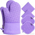 Oven Mitts and Pot Holders Sets 6pcs, Kitchen Oven Glove,High Heat Resistant 550 Degree Extra Long Oven Mitts and Potholders with Non-Slip Silicone Surface for Home Essentials (Grey) (Purple)