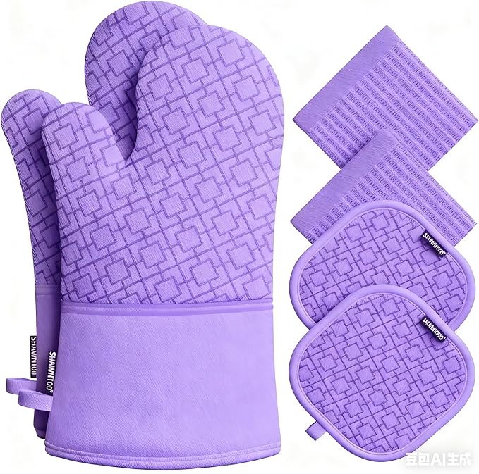Oven Mitts and Pot Holders Sets 6pcs, Kitchen Oven Glove,High Heat Resistant 550 Degree Extra Long Oven Mitts and Potholders with Non-Slip Silicone Surface for Home Essentials (Grey) (Purple)
