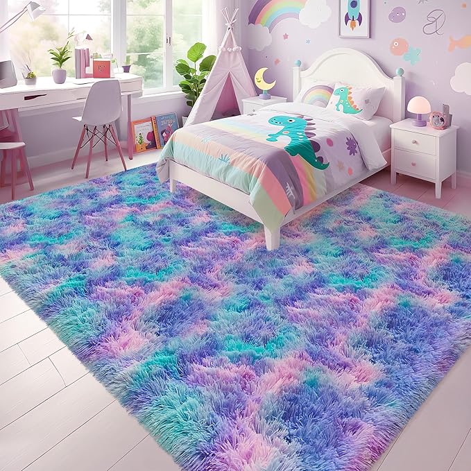 Purple Rainbow Fluffy Soft Area Rug 8x10ft Plush Furry Rugs for Girls Bedroom Kawaii Shaggy Rug for Living Room Fuzzy Nursery Rug for Baby Toddler's Room Cute Colorful Room Decor for Kids