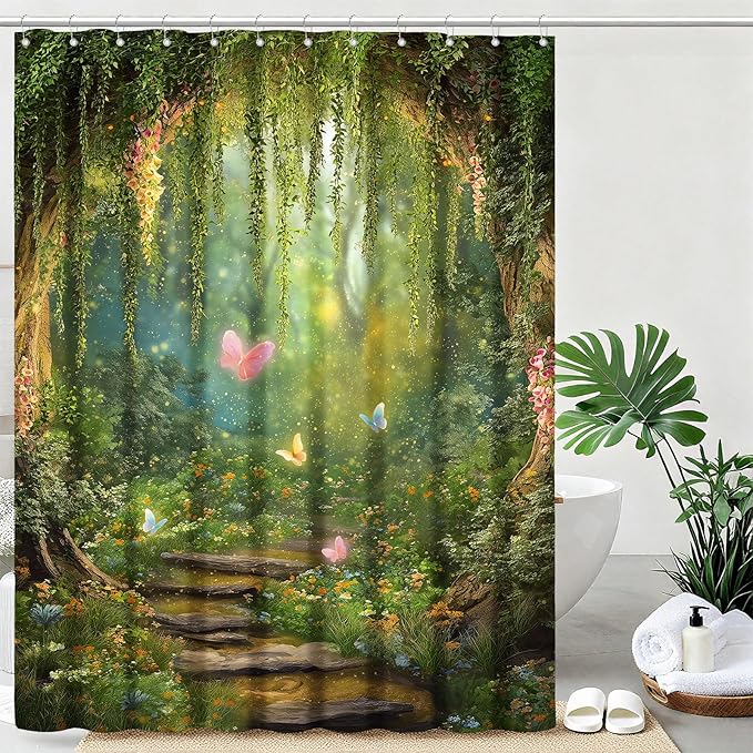 mutakin Green Tree Shower Curtain Butterflies Shower Curtains for Bathroom Waterproof Fabric Bath Curtain Decor with Hooks