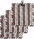 AMOUR INFINI Double Stripe Pot Holders Heat Resistant Cotton Set of 3 Nonslip 8"x8" Inch Hot Pads for Kitchen, BBQ, Baking & Cooking with Hanging Loops (Brown)