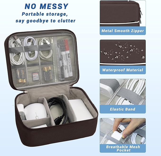 Miavers Electronics Organizer,Travel Cord Organizer Pouch, Portable Cable Organizer Bags, Waterproof Electronic Accessories Storage Case for Cables, Cords, Charger, Phone (Double Layer-Brown)