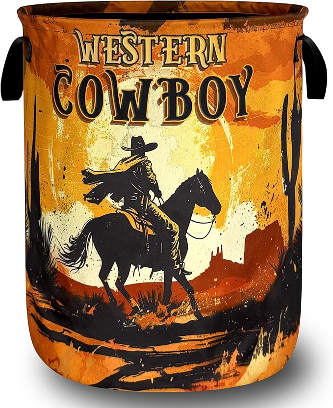 Western Cowboy Laundry Basket Oxford Cloth Desert Riding Laundry Hamper With Handle Portable Clothes Storage Basket Foldable Funny Laundry Bag 18.9"x16.5" For Laundry Room/Bedroom/Bathrooms