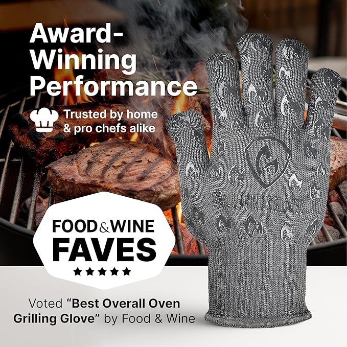 Oven Gloves with Fingers - 932°F Extreme Heat Proof and Cut Resistant Mitts for Kitchen, BBQ, Grill, Baking, Fire Pit - EN407 Certified with Non-Slip Silicone Grip and Cotton Lined for Comfort