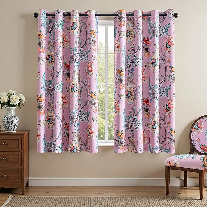 MYSKY HOME Floral Blackout Curtains 63 Inch Long Bedroom Black Out Thermal Insulated Privacy Protect Curtain Flower Patterned Fancy Cottage Core Grommet Drapes for Girls Room Nursery, Pack-2, Pink