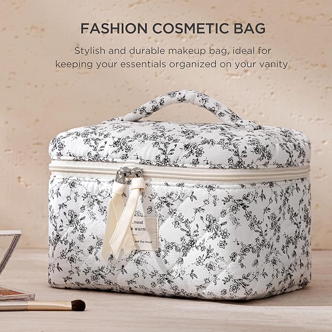 HBselect Christmas Gifts Large Quilted Makeup Bag, Cute Cotton Travel Makeup Bag with Handle, Portable Coquette Floral Make up Bags, Toiletry Organizer Make up Bags for Women Teen Girls Mom