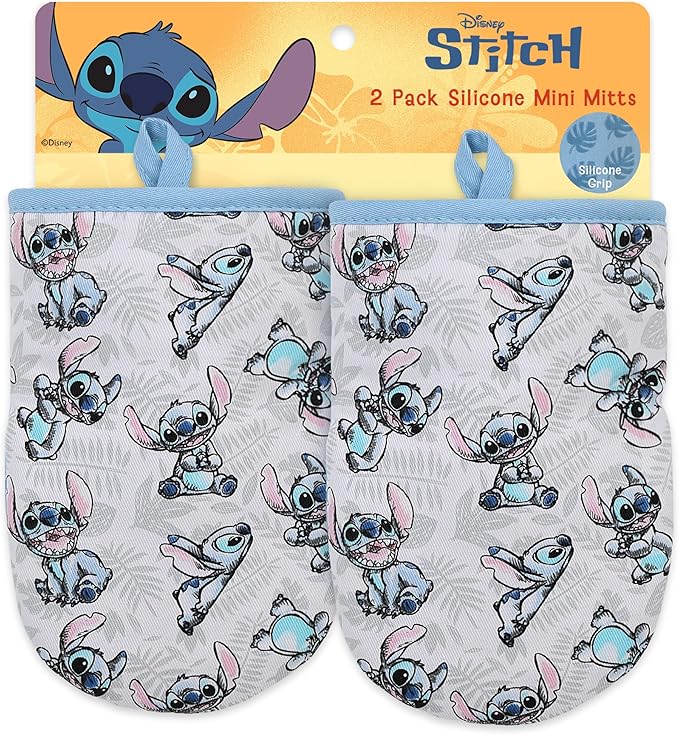 Disney Oven Mitts - 5.5” x 7.5” Heat-Resistant Mini Oven Mitts with Non-Slip Printed Silicone Disney Silhouettes - Mickey & Minnie, Stitch, Winnie The Pooh