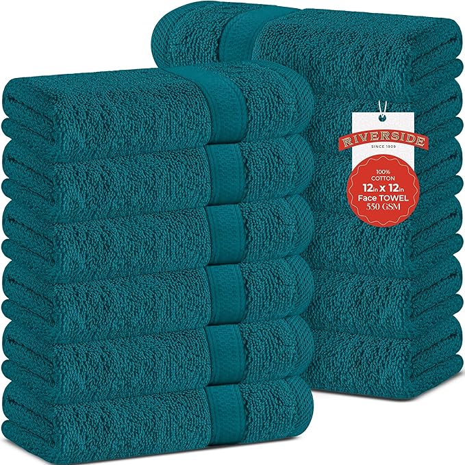 RIVERSIDE 12 Pack Premium 100% Cotton Face Wash Cloths, 12 x 12 Inches, Soft & Absorbent Face Towels for Bathroom Wash Clothes, 550 GSM, Luxury WashCloths for Showering, Body, Spa & Gym, Teal