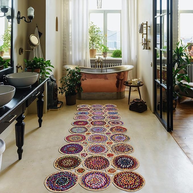 Scalloped Edge Rug, Natural Chindi Cotton and Jute Area Rug, 3x3 Ft Square Beige & Multicolor Hand Woven Kilim Rugs for Living Room, Kitchen, Entryway, Farmhouse