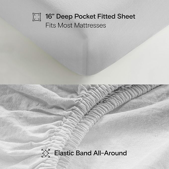 Sijo Stone Washed Organic French Linen Bed Sheet Set, GOTS Certified Organic, Best Cooling Linen Sheet Award by Sleep Foundation, 3 Piece - 2 Pillowcases and 1 Fitted Sheet (Dove, Queen)