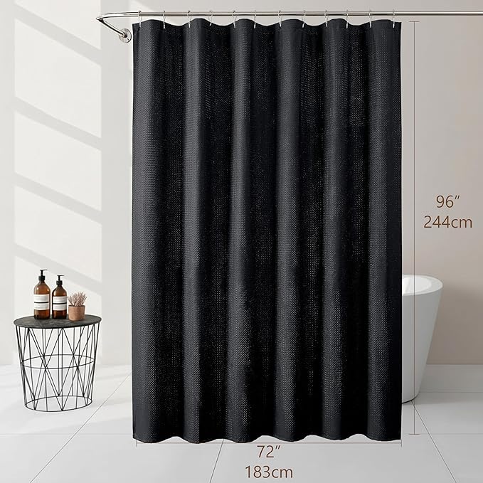 Ebesto Extra Long Black Shower Curtain 96 Inch Long 1 Piece, Waffle Embossed Textured Fabric Shower Curtain for Bathroom Large Hotel, Water Resistant, Machine Washable, 72Wx96L Inches
