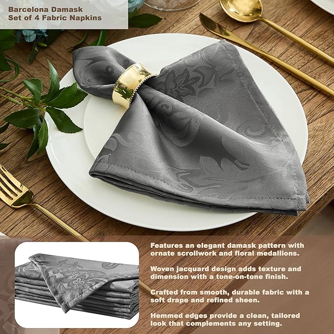 Newbridge Barcelona Damask Fabric Napkins, Set of 4, Grey – No Iron, Soil Resistant Cloth Napkins for Dining, Parties and Holidays