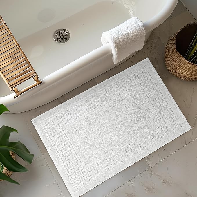 Avalon Towels White Bath Mat - 100% Cotton Set of 2 Absorbent Bathmat - Bathroom Mats Quick Dry Bath Mats for Bathrooms (22x34 Inches)