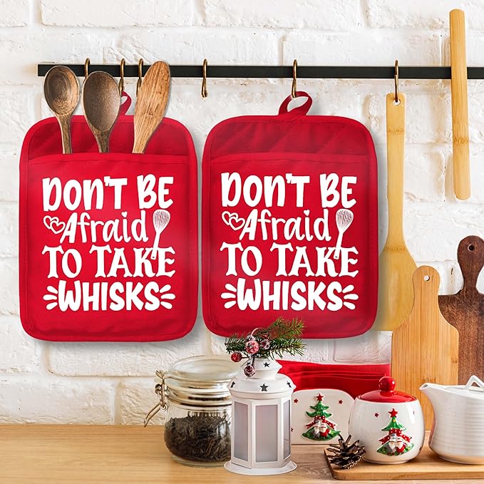 Funny Christmas Baking Pot Holders with Pockets, Don't Afraid to Take Whisks Holiday Christmas Oven Pot Holders Heat Resistant Oven Mitts Hot Pads for Kitchen Baking Cooking
