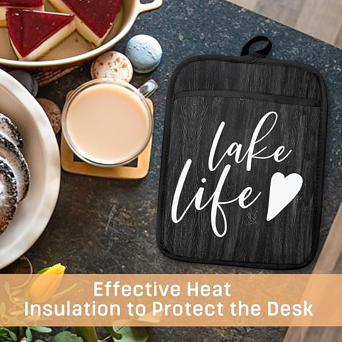 Lake Life Gifts Pot Holders with Pockets, Lake Life House Gifts for Cabin Owners Women Oven Pot Holders Heat Resistant Oven Mitts Hot Pads for Kitchen Baking Cooking (Black)