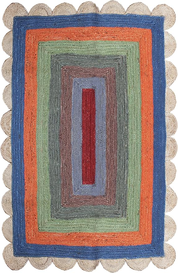 Scalloped Edge Rug, Hand Woven Natural Jute Area Rug, 4x8 Ft Beige & Multicolor Braided Sisal Kilim Rugs for Living Room, Kitchen, Entryway, Farmhouse
