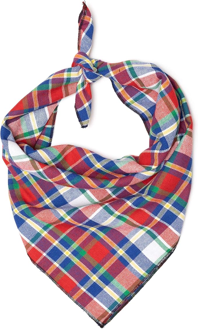 THE WORTHY DOG Classic Tie-On Dog Bandana – Soft Cotton Flannel Square Pet Bandana, Red/Hunter Blue Plaid Pattern, Red/Blue, Small