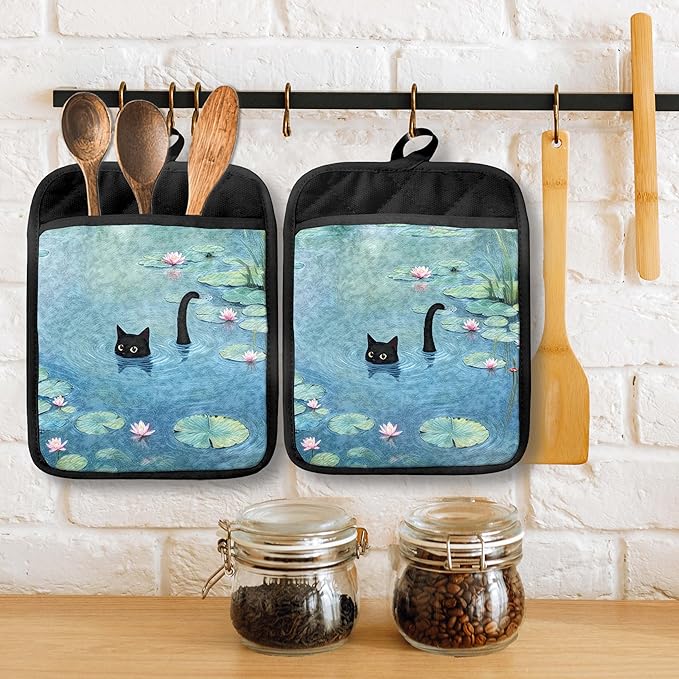 Black Cat in Water Lily Pond Pot Holders with Pockets, Cat Kitchen Decor, Mystical Black Kitten Kitty Oven Pot Holders Heat Resistant Oven Mitts Hot Pads for Kitchen Baking Cooking