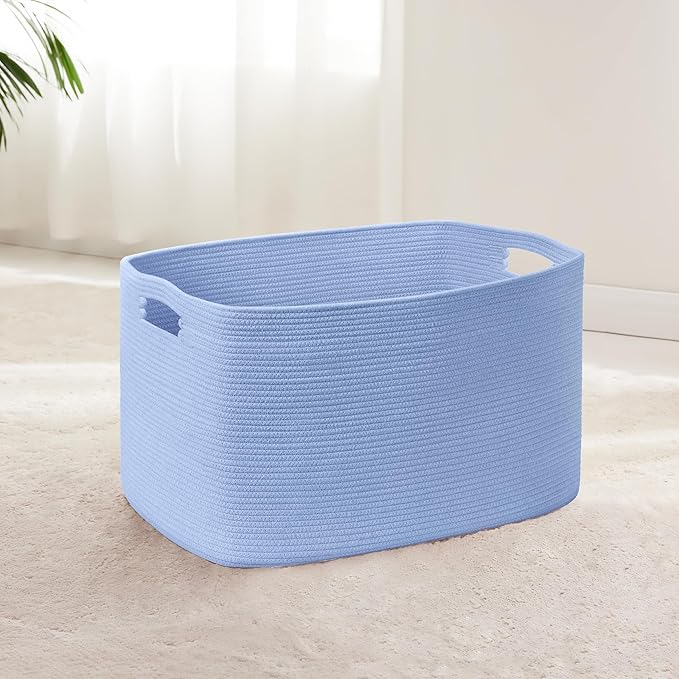 SunNewt 45L Small Baby Girls Laundry Basket for Nursery Storage,Cute Woven cotton Rope Baskets for Kids Toy，Gifts, Boho Square Wicker Blanket hamper for Living Room,Bedroom Dirty Clothes,Blue Purple