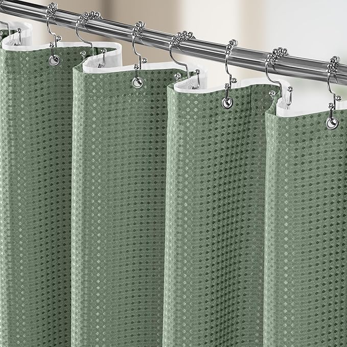 Vipfree 3 in 1 Shower Curtain Set, Waffle Shower Curtain and Liner Set with 12 Double Sided Shower Curtain Hooks, 258GSM Luxury Weighted Cloth Shower Curtains for Bathroom, 72 W x 84 H, Sage Green