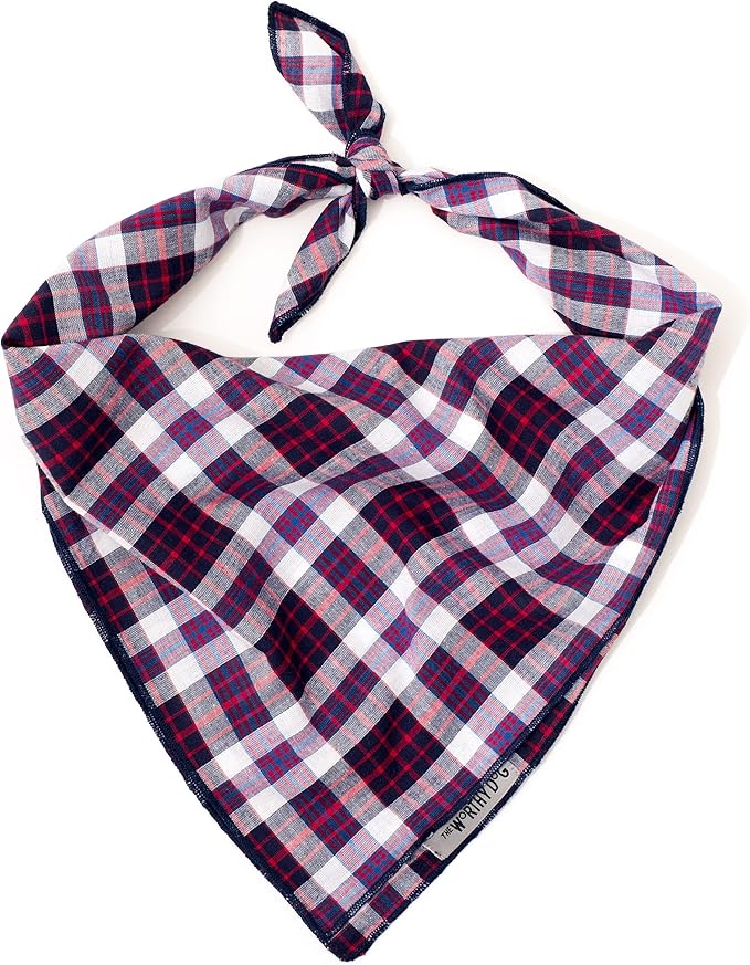 THE WORTHY DOG Classic Tie-On Dog Bandana – Soft Cotton Flannel Square Pet Bandana, Madras Plaid Classic Pattern, Navy/Red/White, Small