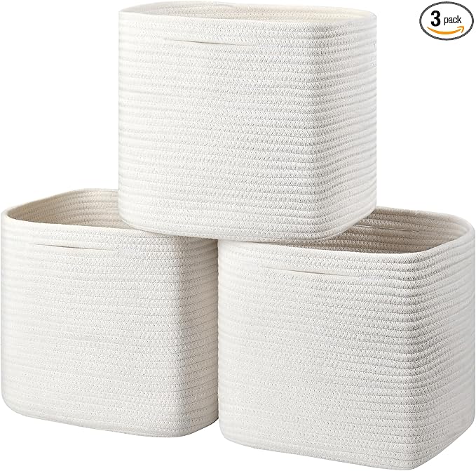 Gocjuaza 3 Pack Storage Cubes 11 Inch Cotton Rope Woven Baskets for Organizing Cube Bin Square Shelves Organizer,Classroom,Kids Toy Bins,Closet,Baby Nursery(Creamy White)
