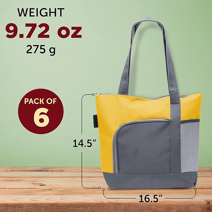 DISCOUNT PROMOS Go Getter Sport Tote Beach Bags Set of 6, Bulk Pack - Reusable, Great for Shopping, Beach, Picnic, Other Outdoor Adventure - Yellow
