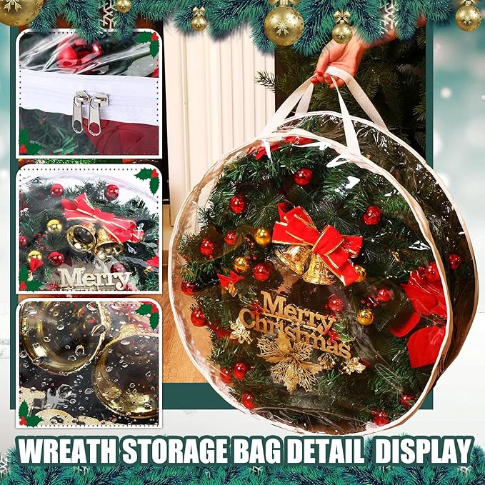 Zhengmy 20 Pcs 30 Inch Christmas Wreath Storage Bags Transparent Wreath Storage Container Bulk Wreaths Box with Dual Zippers and Handles for Xmas Holiday Wreaths Garland