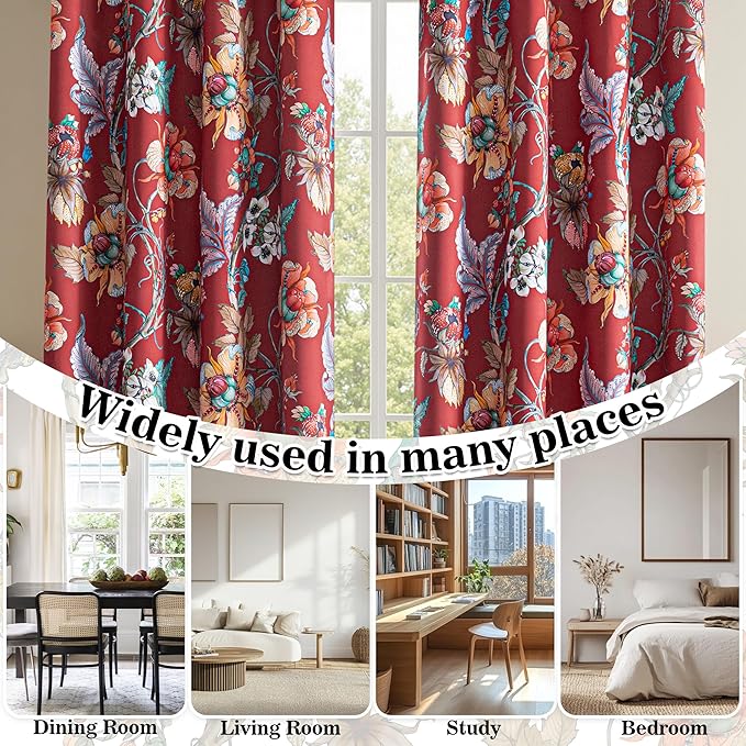 MYSKY HOME Terracotta Floral 95% Blackout Curtains 84 Inches Long for Living Room Dining Rooom Thermal Insulated Light Blocking Drapes Grommet Country Coquette Window Panels for Home, 2 Pcs, 52" Wide